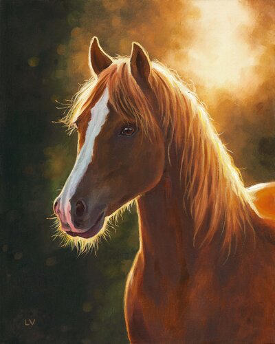 Brown horse portrait at sunset by Lucía Verdejo, Painting for Sale on Select