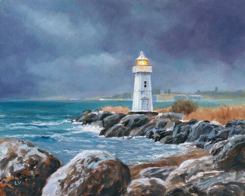 Lighthouse in blue-gray sky by Lucía Verdejo, Painting for Sale on Select