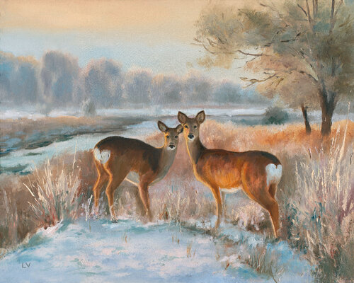 Snowy landscape with deer by Lucía Verdejo, Painting for Sale on Select