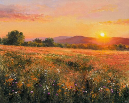 Golden sunset among wildflowers by Lucía Verdejo, Painting for Sale on Select