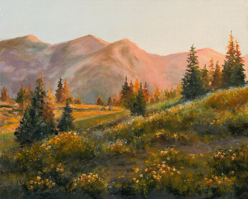 Mountain landscape with golden light by Lucía Verdejo, Painting for Sale on Select