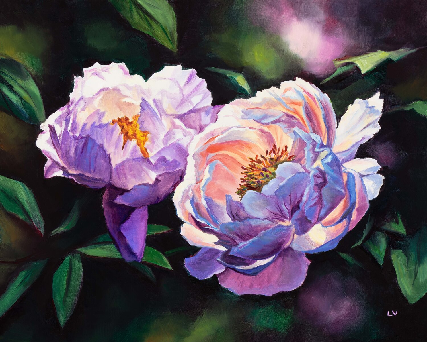 Pink and white peonies in the garden Lucía Verdejo Original painting for sale