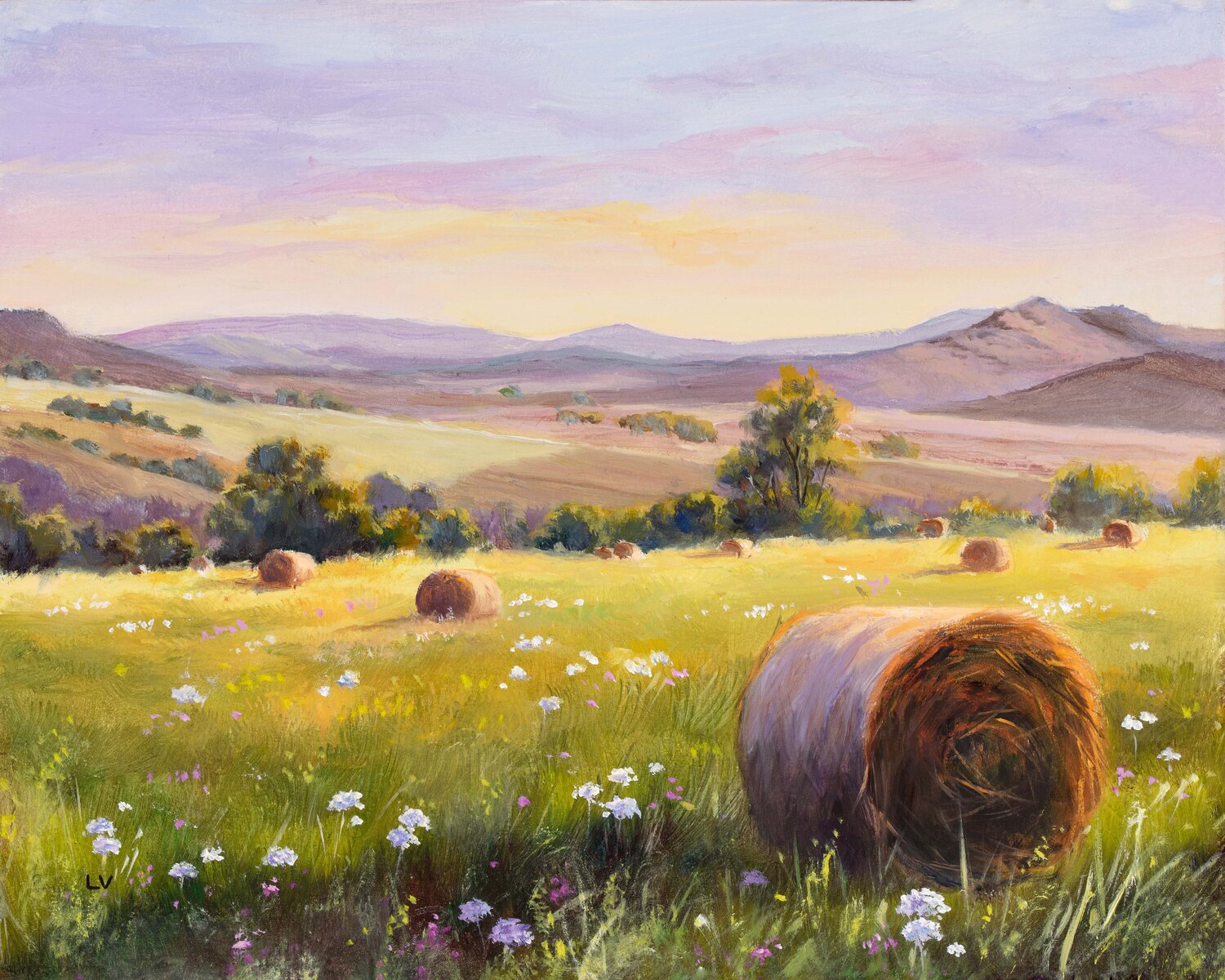 Hay bales in a field of flowers Lucía Verdejo Original painting for sale