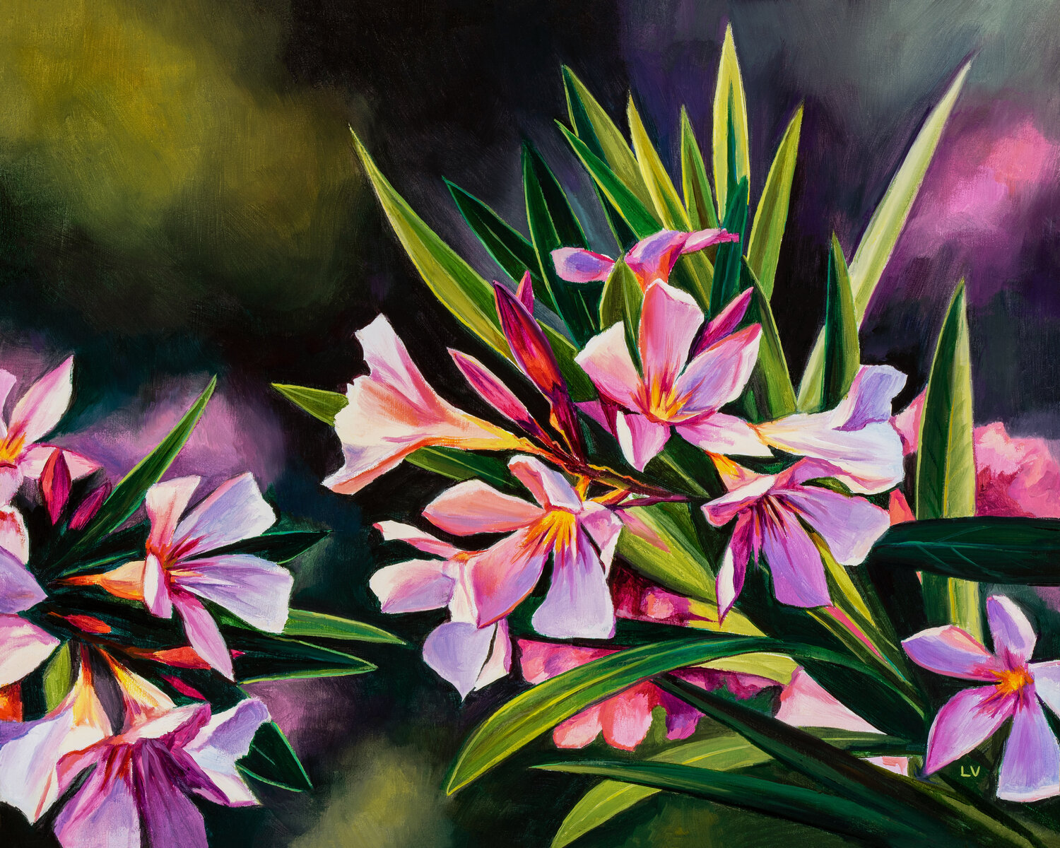 Pink oleander flowers with sunlight Lucía Verdejo Original painting for sale
