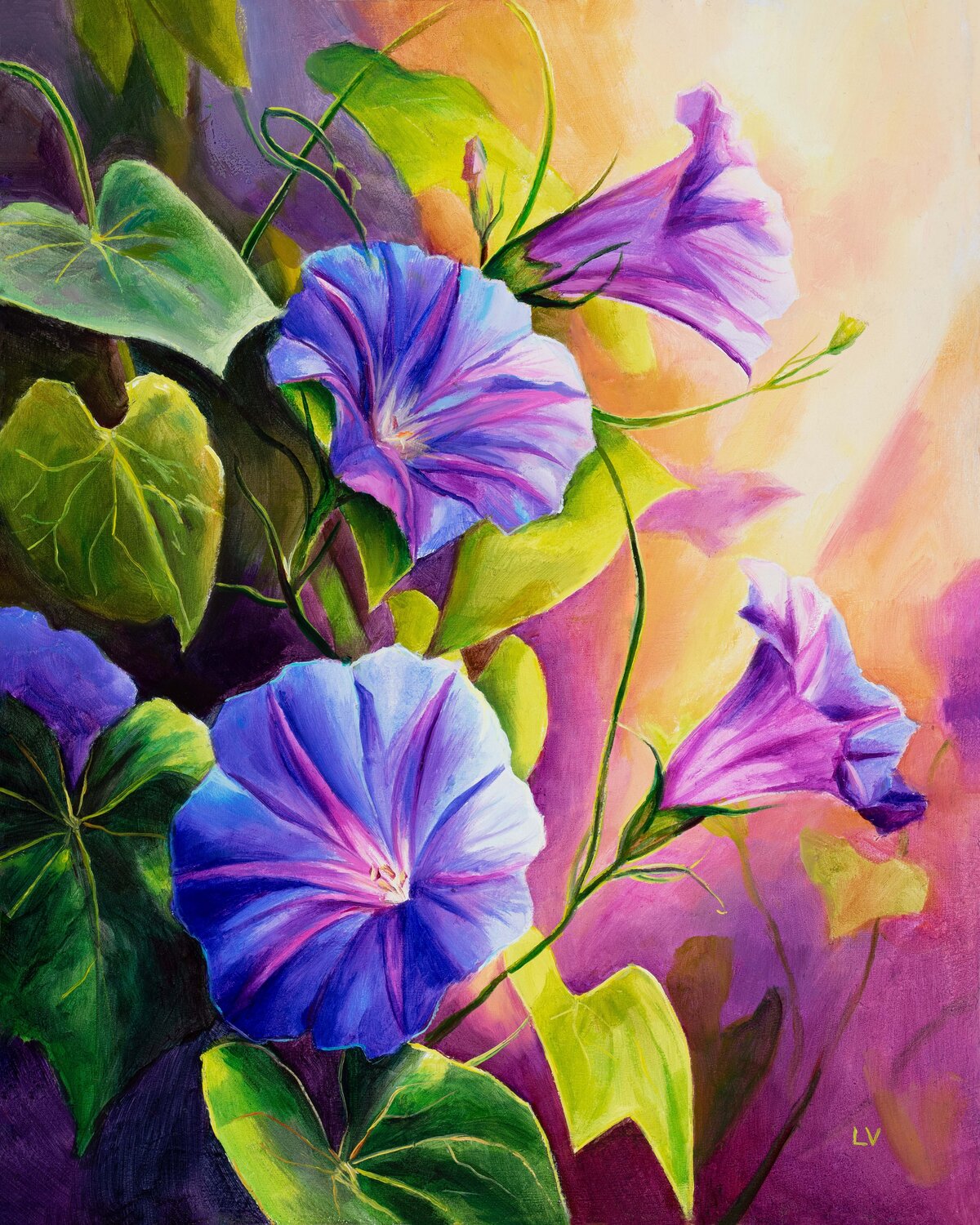 Morning glory flowers in the garden Lucía Verdejo Original painting for sale