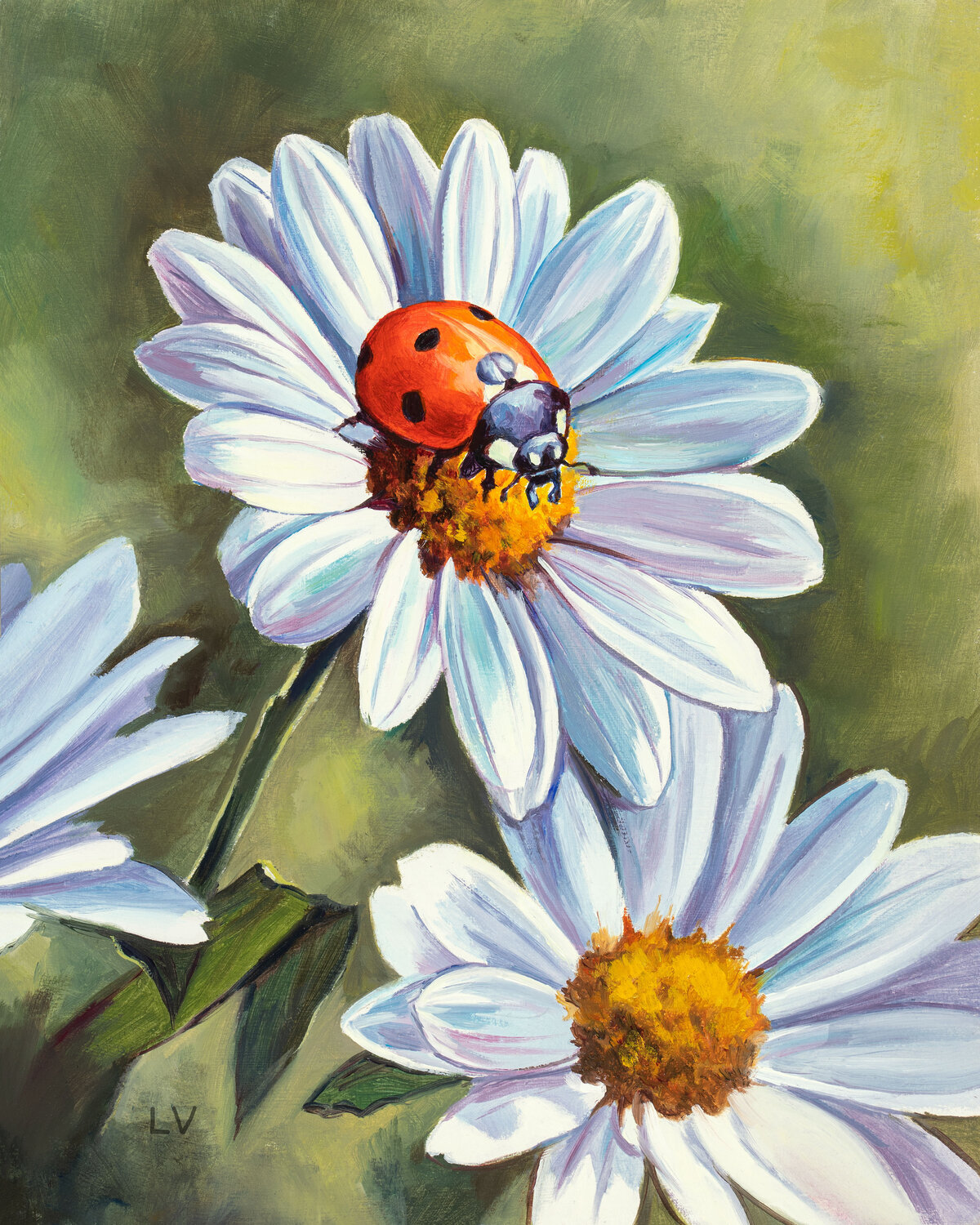 Ladybug on white daisy flowers Lucía Verdejo Original painting for sale