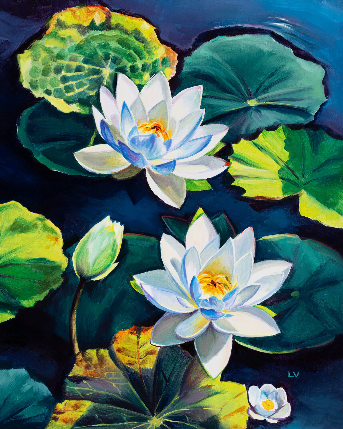 White water lily flowers on a pond Lucía Verdejo Original painting for sale