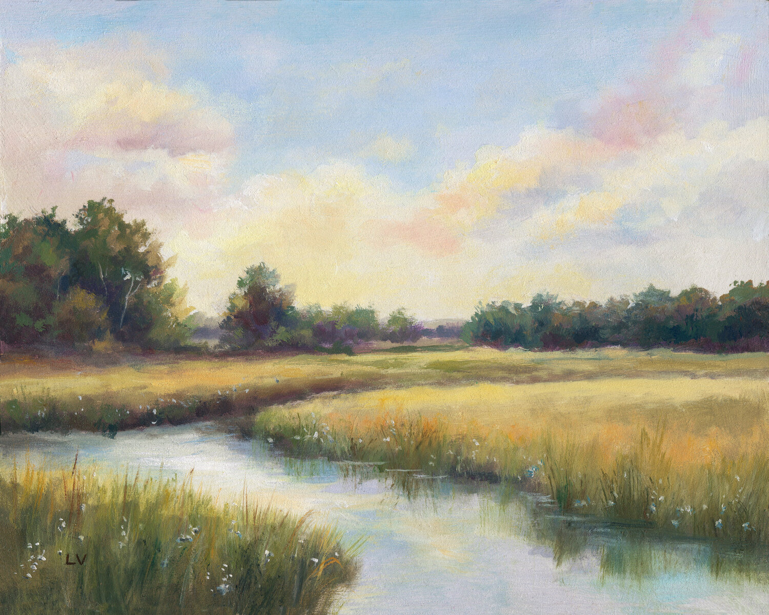 River at sunrise in soft tones Lucía Verdejo Original painting for sale