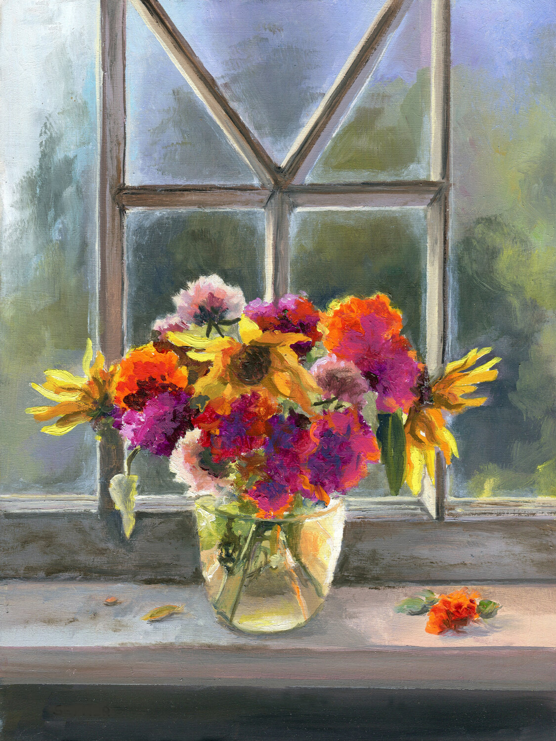 Vase of marigolds on a window. Lucía Verdejo Original painting for sale