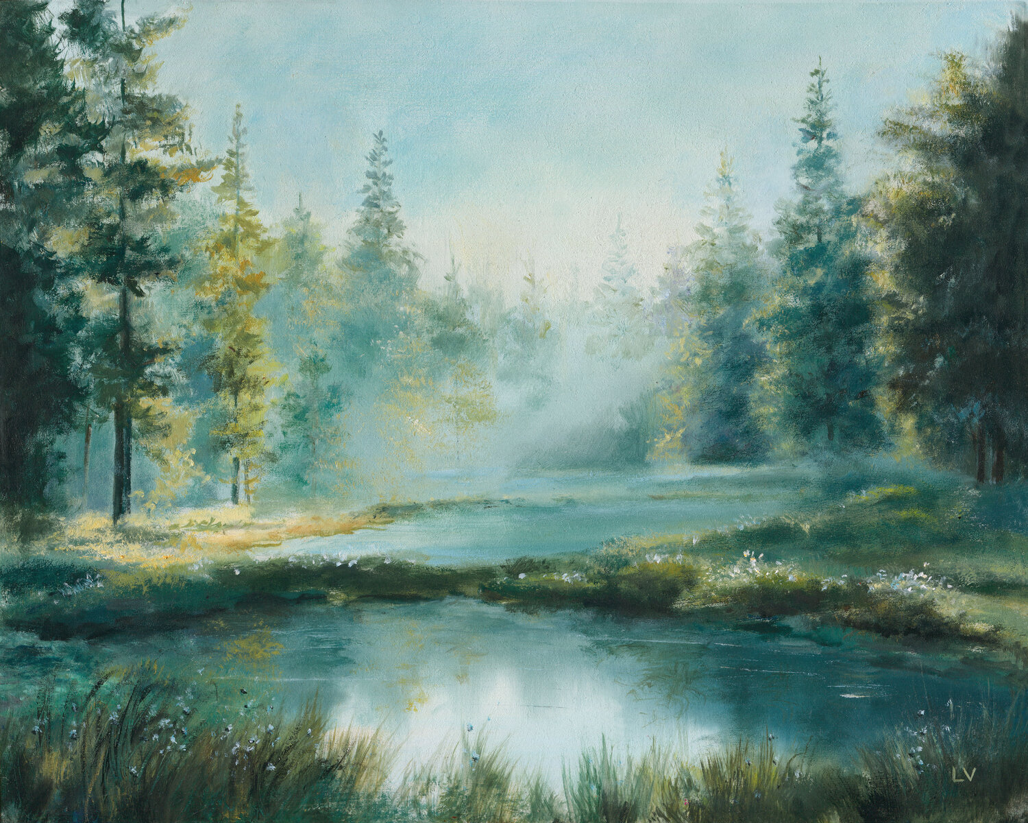 Misty lake in a pine forest Lucía Verdejo Original painting for sale