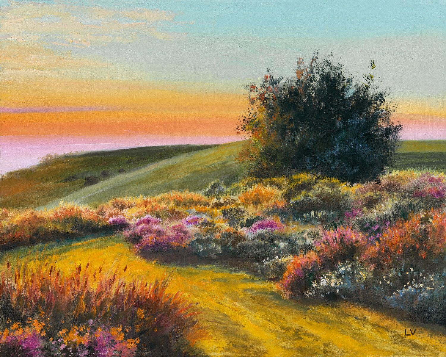 Country Path with colorful flowers Lucía Verdejo Original painting for sale