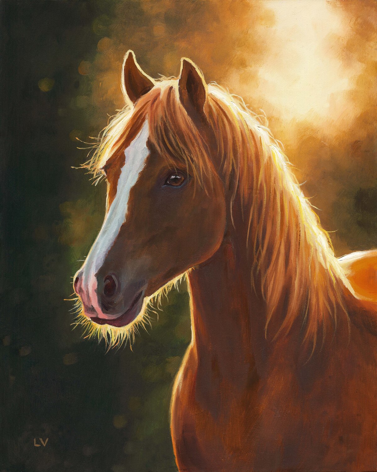 Brown horse portrait at sunset Lucía Verdejo Original painting for sale