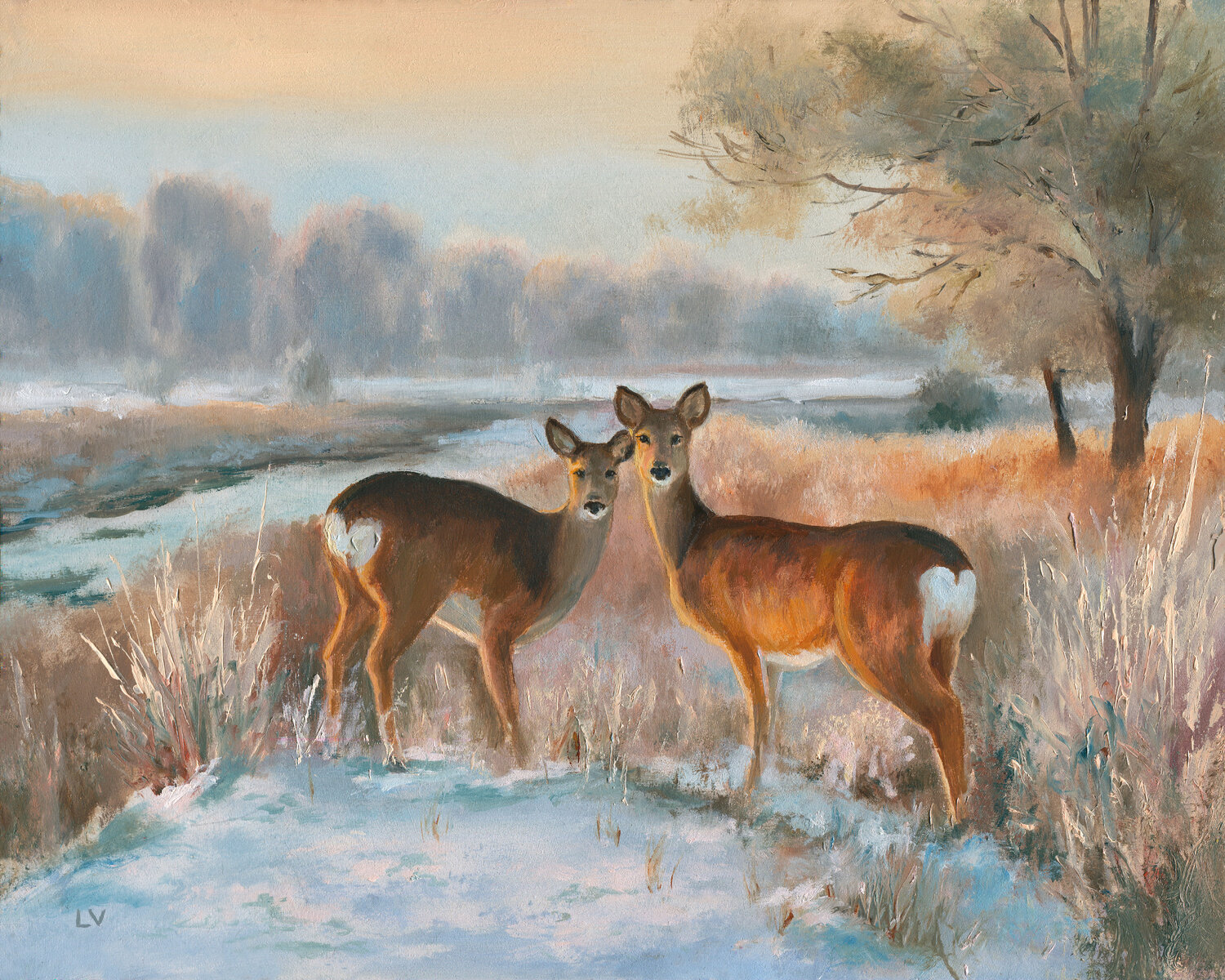 Snowy landscape with deer Lucía Verdejo Original painting for sale