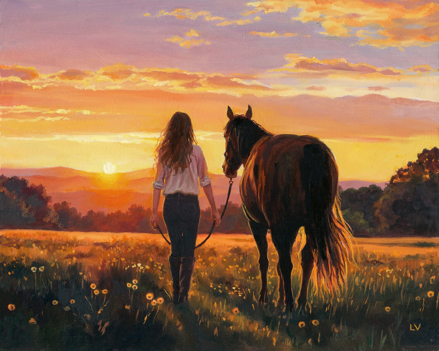 Woman walking with a horse in a sunset field Lucía Verdejo Original painting for sale
