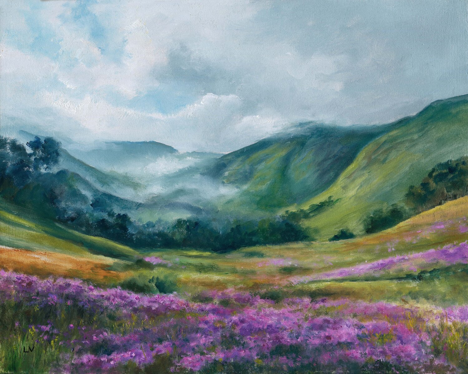 Purple flowers in the meadow Lucía Verdejo Original painting for sale