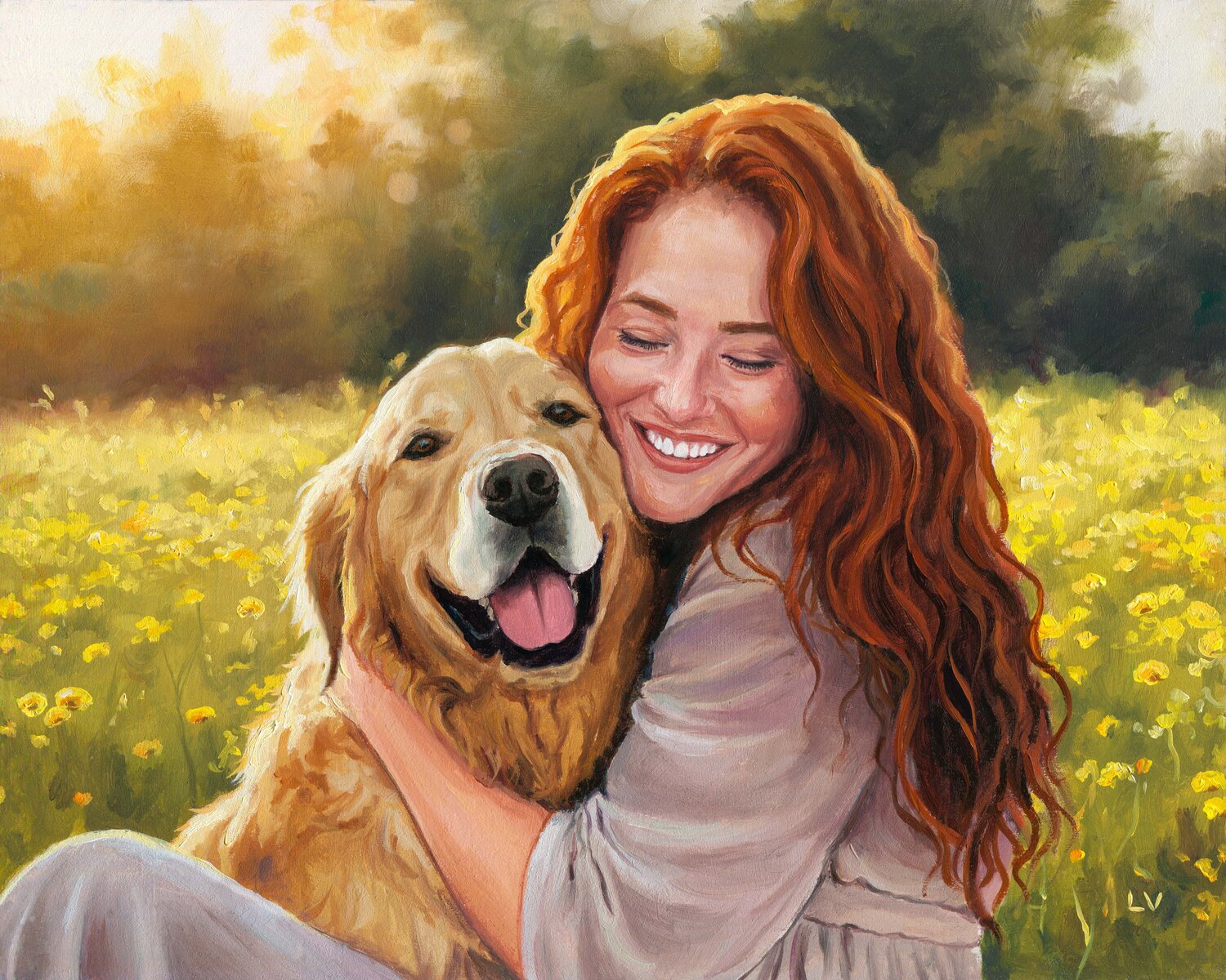 Smiling red-haired woman hugging a dog Lucía Verdejo Original painting for sale