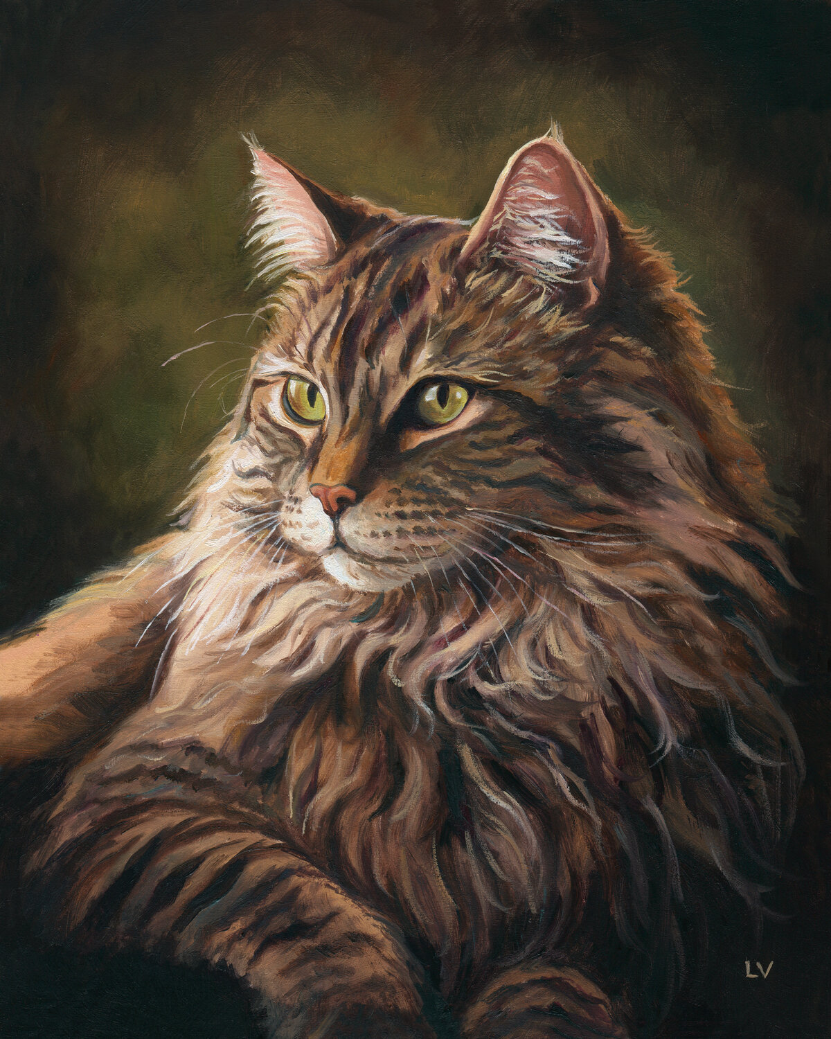 Majestic Maine Coon cat with green eyes Lucía Verdejo Original painting for sale