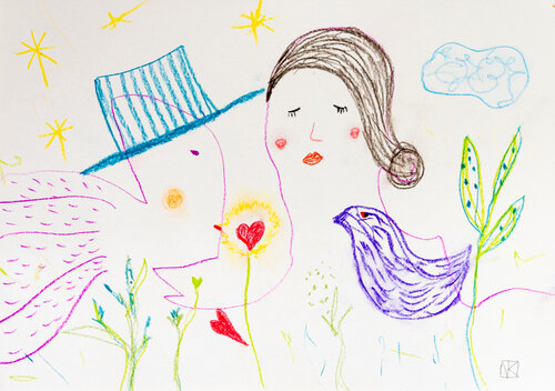 Paar mit Vogel by Nora Kalinda, Drawing for Sale on Select