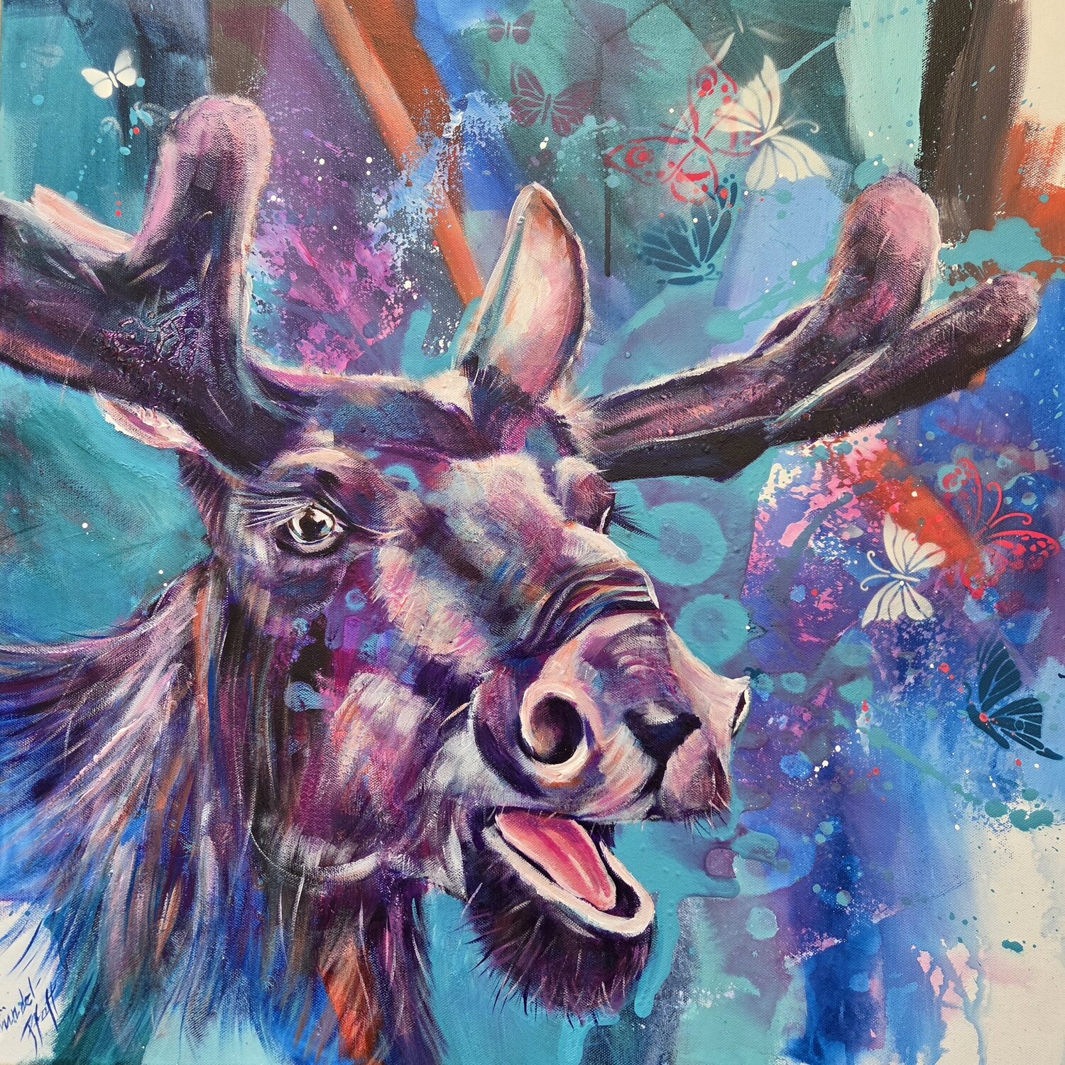 fröhlicher Elch Inge Gründel-Pfaff Original painting for sale