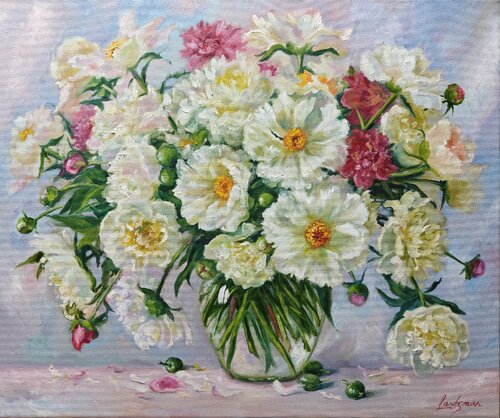 Peonies and green walnuts still life by Jane Lantsman, Painting for Sale on Select