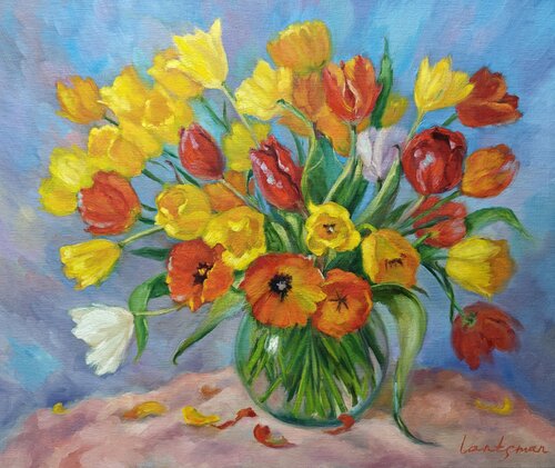 Colorful tulips in a transparent vase by Jane Lantsman, Painting for Sale on Select