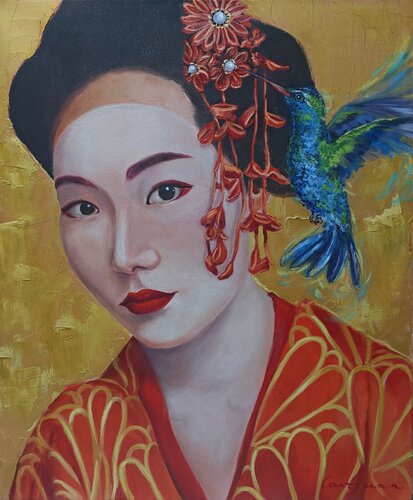 Geisha with hummingbird 2 by Jane Lantsman, Painting for Sale on Select