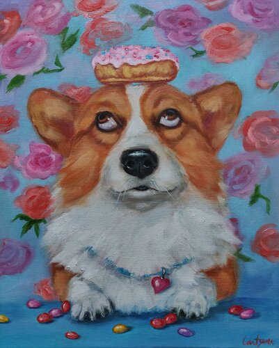 Corgi and donut by Jane Lantsman, Painting for Sale on Select