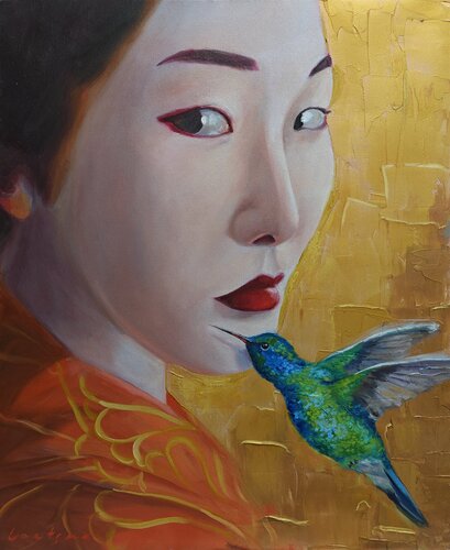 Geisha with hummingbird 3 by Jane Lantsman, Painting for Sale on Select