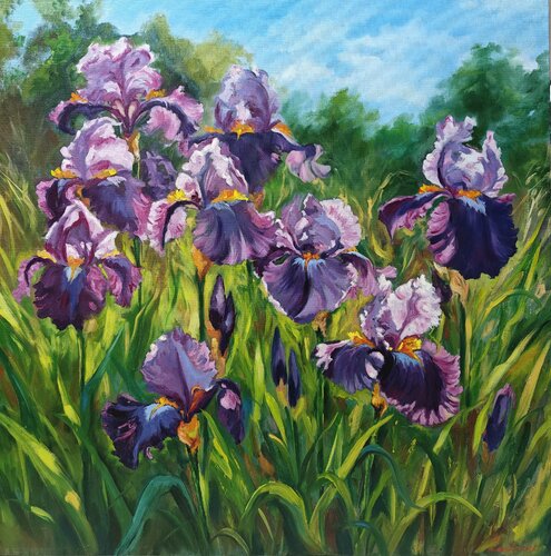Irises in a field by Jane Lantsman, Painting for Sale on Select