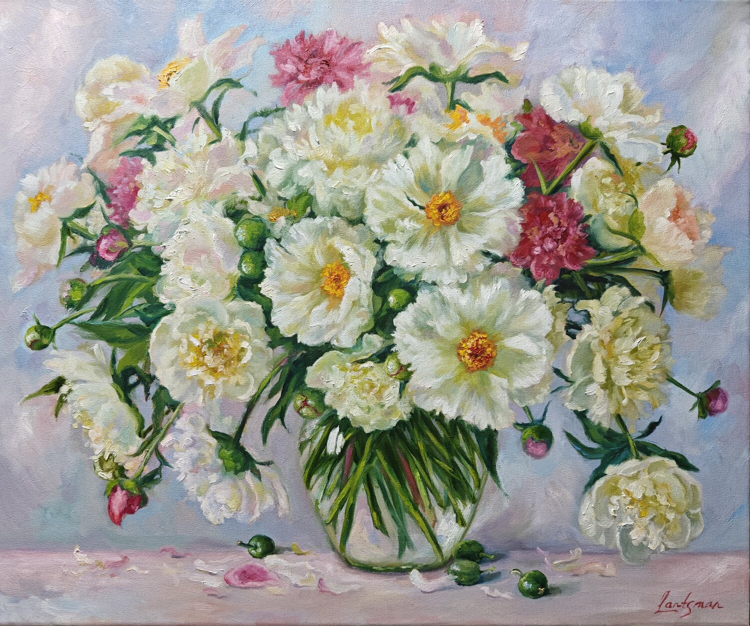 Peonies and green walnuts still life Jane Lantsman Original painting for sale