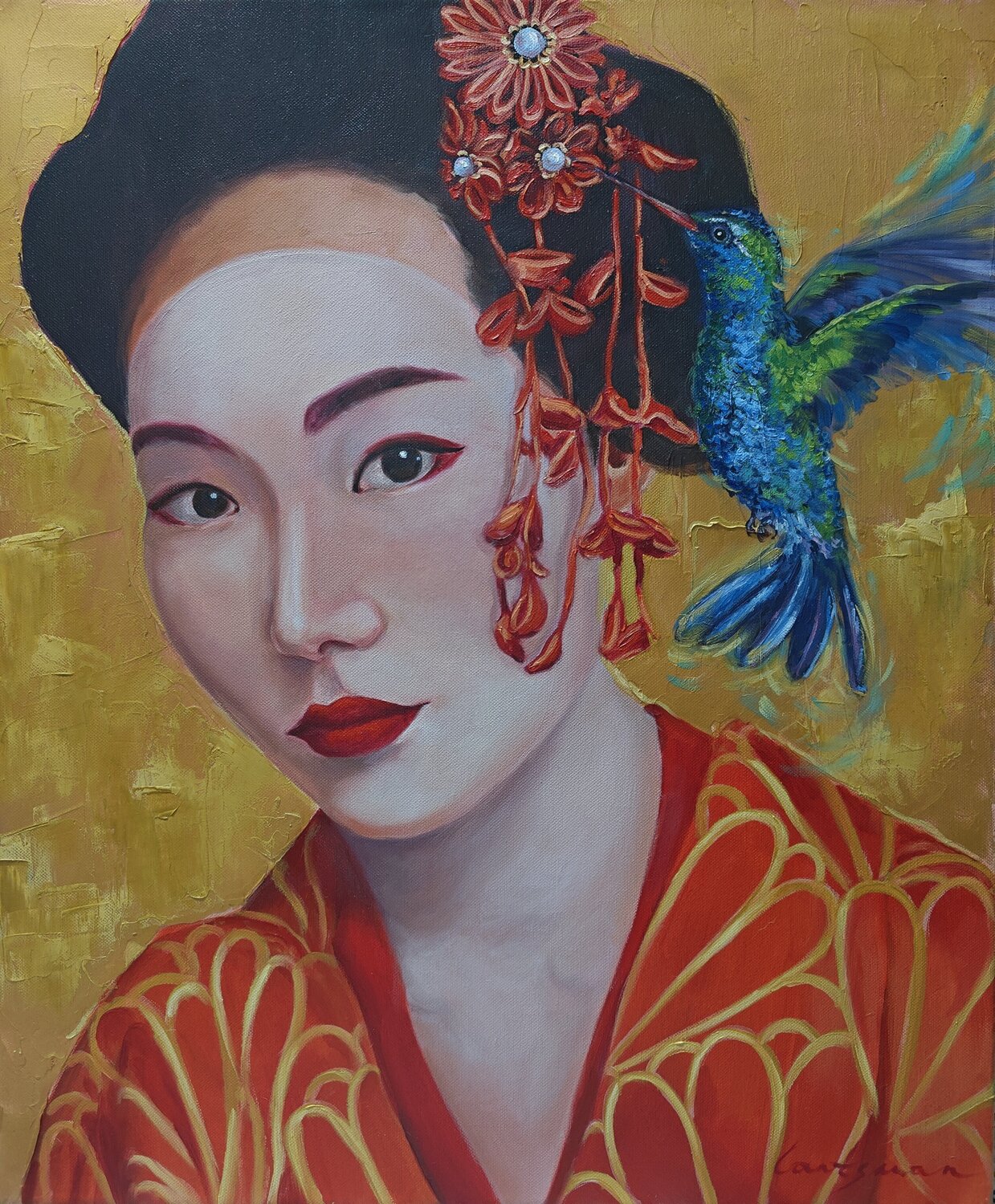 Geisha with hummingbird 2 Jane Lantsman Original painting for sale