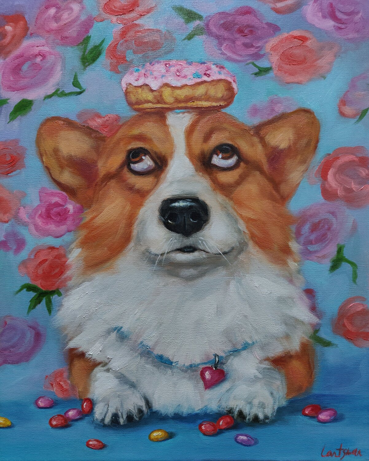Corgi and donut Jane Lantsman Original painting for sale