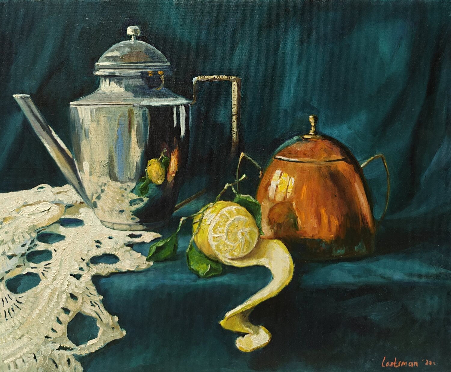 Still life with peeled lemon, Silver dishes and knitted shawl Jane Lantsman Original painting for sale