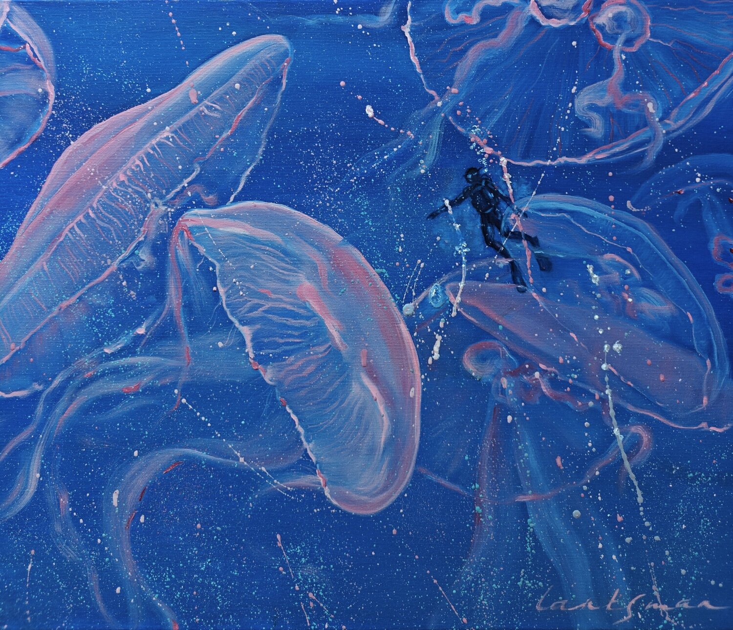 Jellyfish underwater world Jane Lantsman Original painting for sale