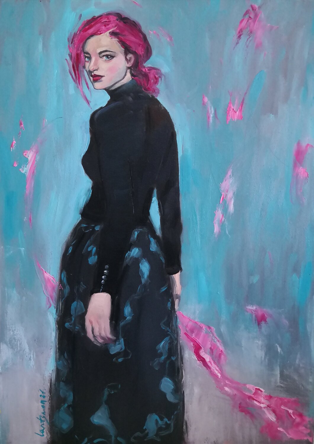 Pink- haired girl Jane Lantsman Original painting for sale