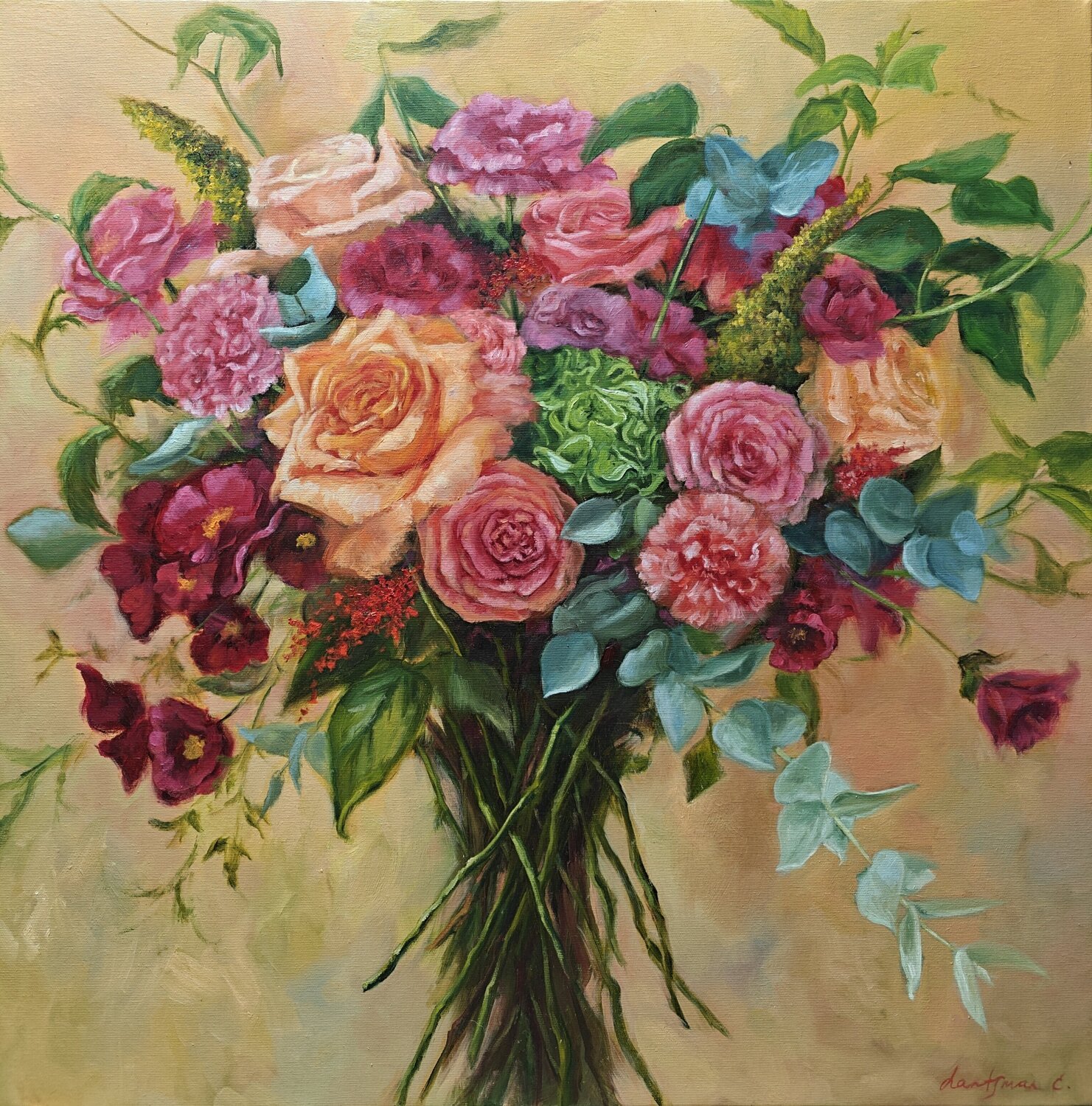 Vibrant bouquet of roses and other flowers Jane Lantsman Original painting for sale
