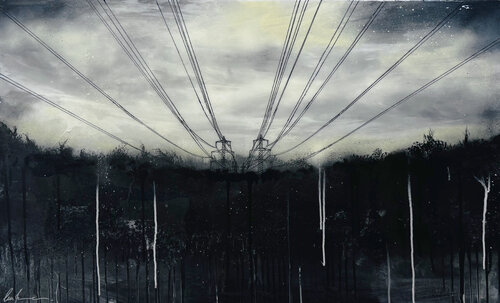 Iron towers in the dripping gloomy sky by ELLE ZETA, Painting for Sale on Select