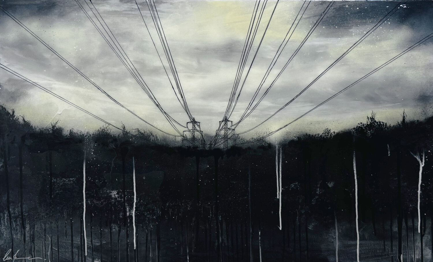 Iron towers in the dripping gloomy sky ELLE ZETA Original painting for sale