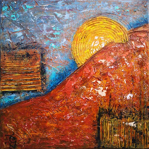 Sonnenuntergang Apulien, Abstrakt mit Strukturpaste, Pinsel und Spachteltechnik. by Tatiana Guennewig, Painting for Sale on Select