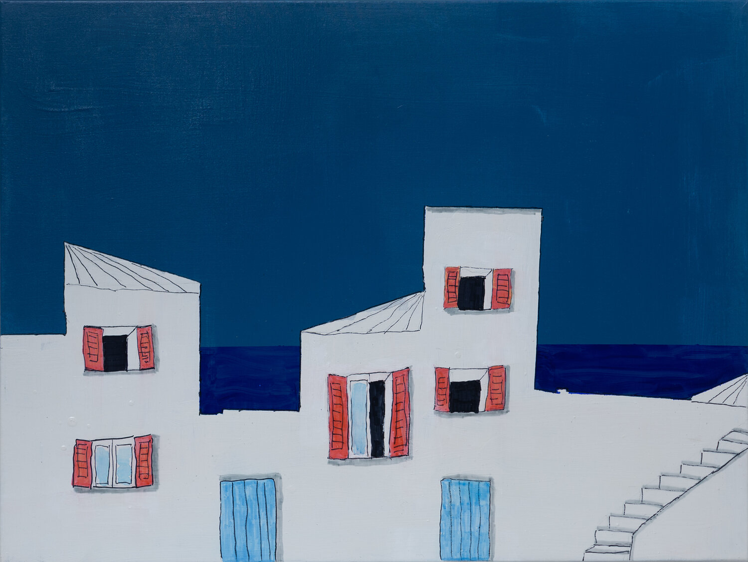 CIELO BLU E FINESTRE ROSSE Vincenzo Cesetti Original painting for sale