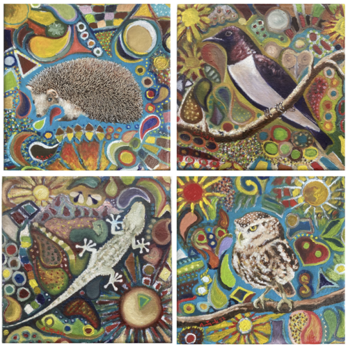 Four Doodle Paintings: Hedgehog, Amethyst Starling, Gekko, Little Owl by Anne-Tjerk Mante, Painting for Sale on Select