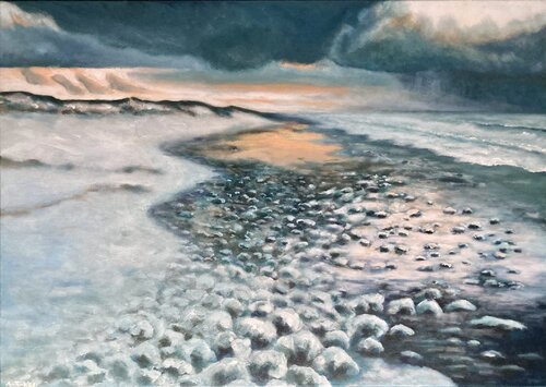 Winter landscape with dunes, beach, and sea by Anne-Tjerk Mante, Painting for Sale on Select