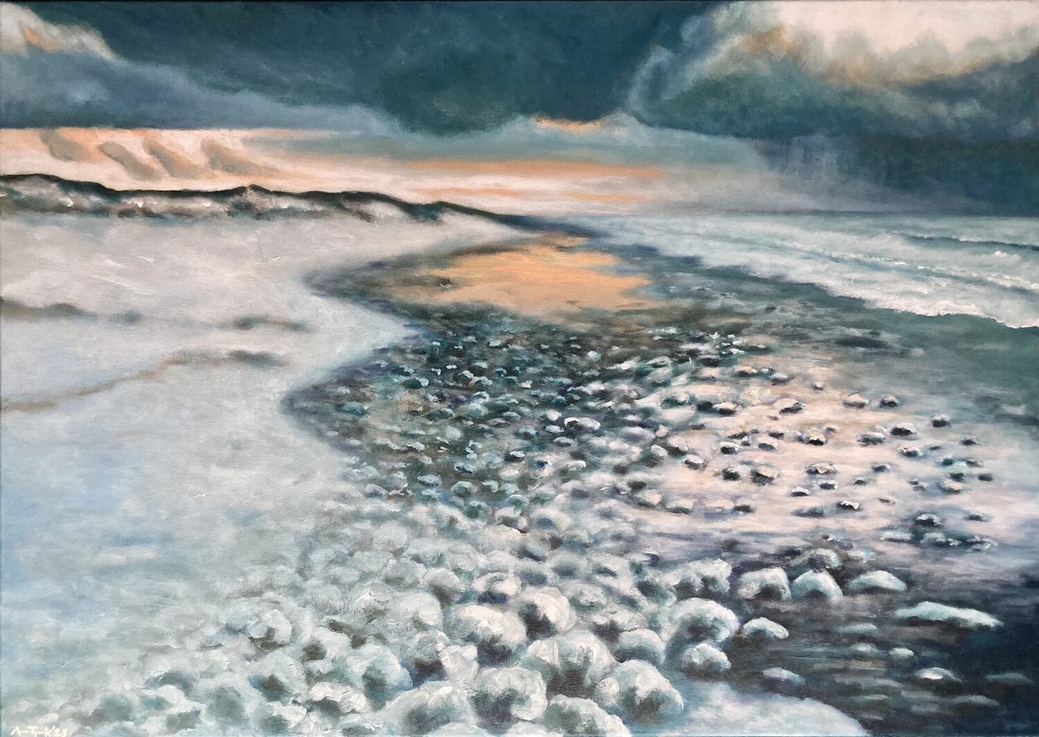 Winter landscape with dunes, beach, and sea Anne-Tjerk Mante Original painting for sale