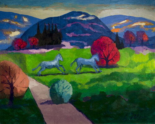 Landscape with horses by Michel Phelippeau, Painting for Sale on Select