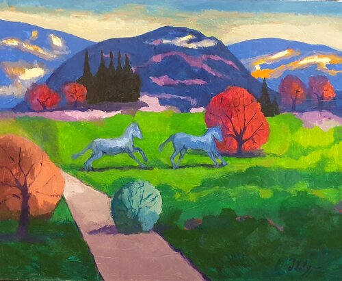 Landscape with horses by Michel Phelippeau, Painting for Sale on Select
