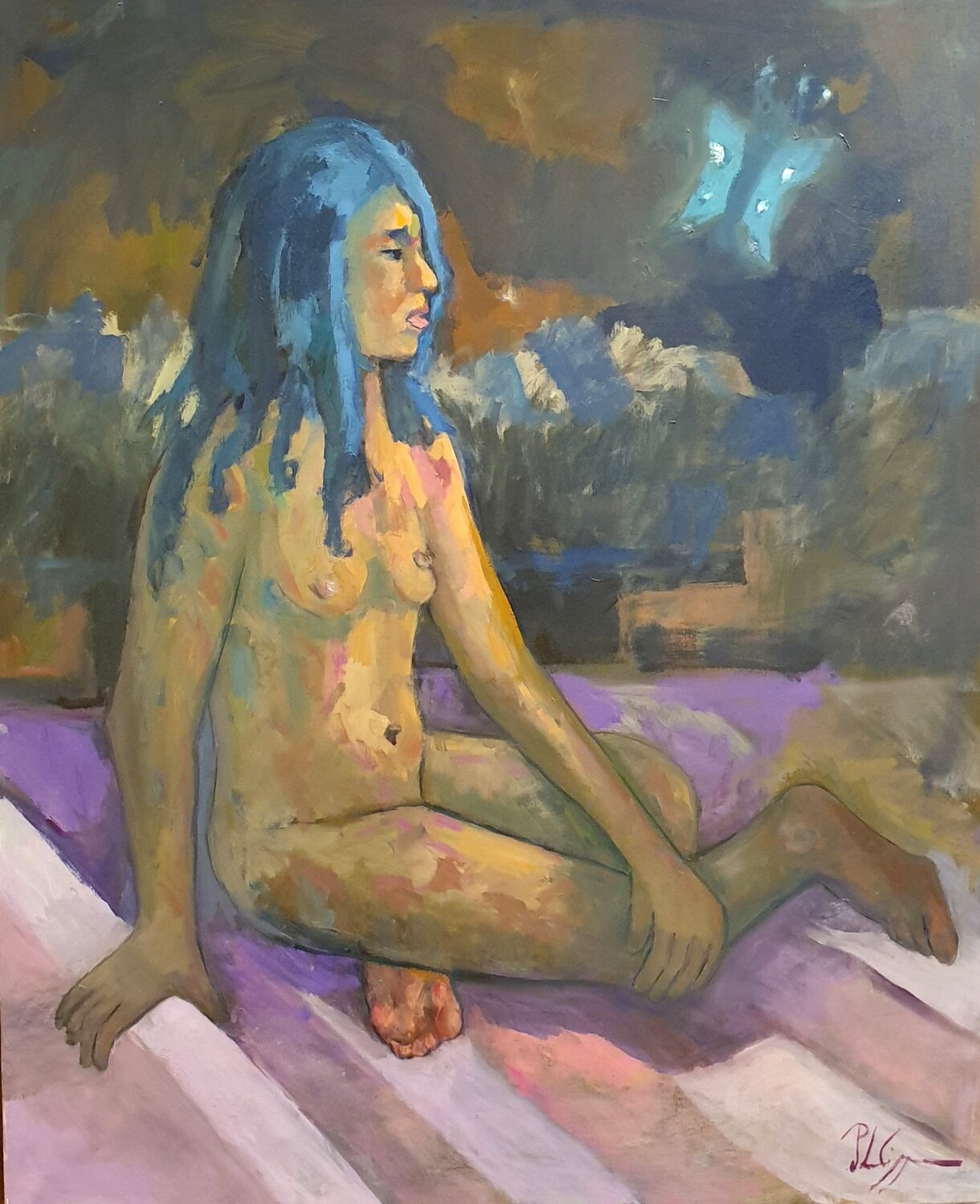 Le papillon bleu Michel Phelippeau Original painting for sale
