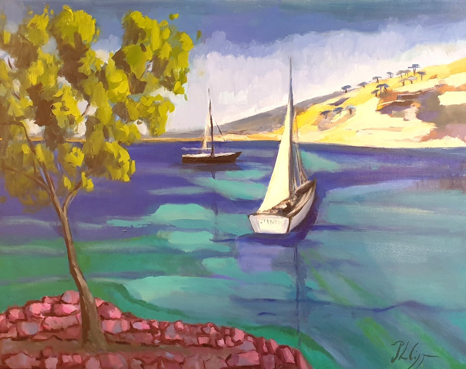 Le calme dans la calanque Michel Phelippeau Original painting for sale