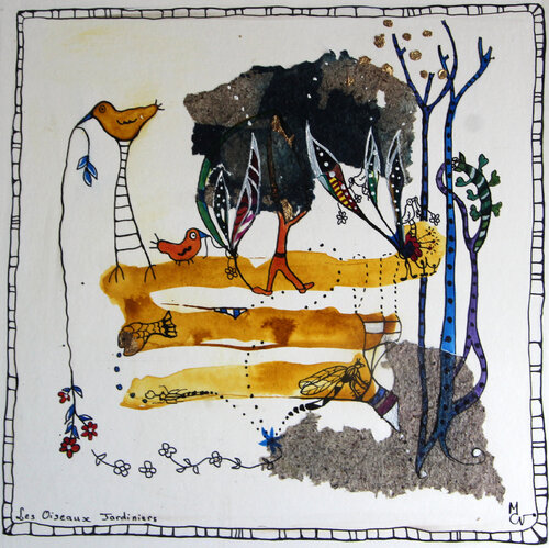 Les Oiseaux jardiniers by Valentine Carre, Drawing for Sale on Select