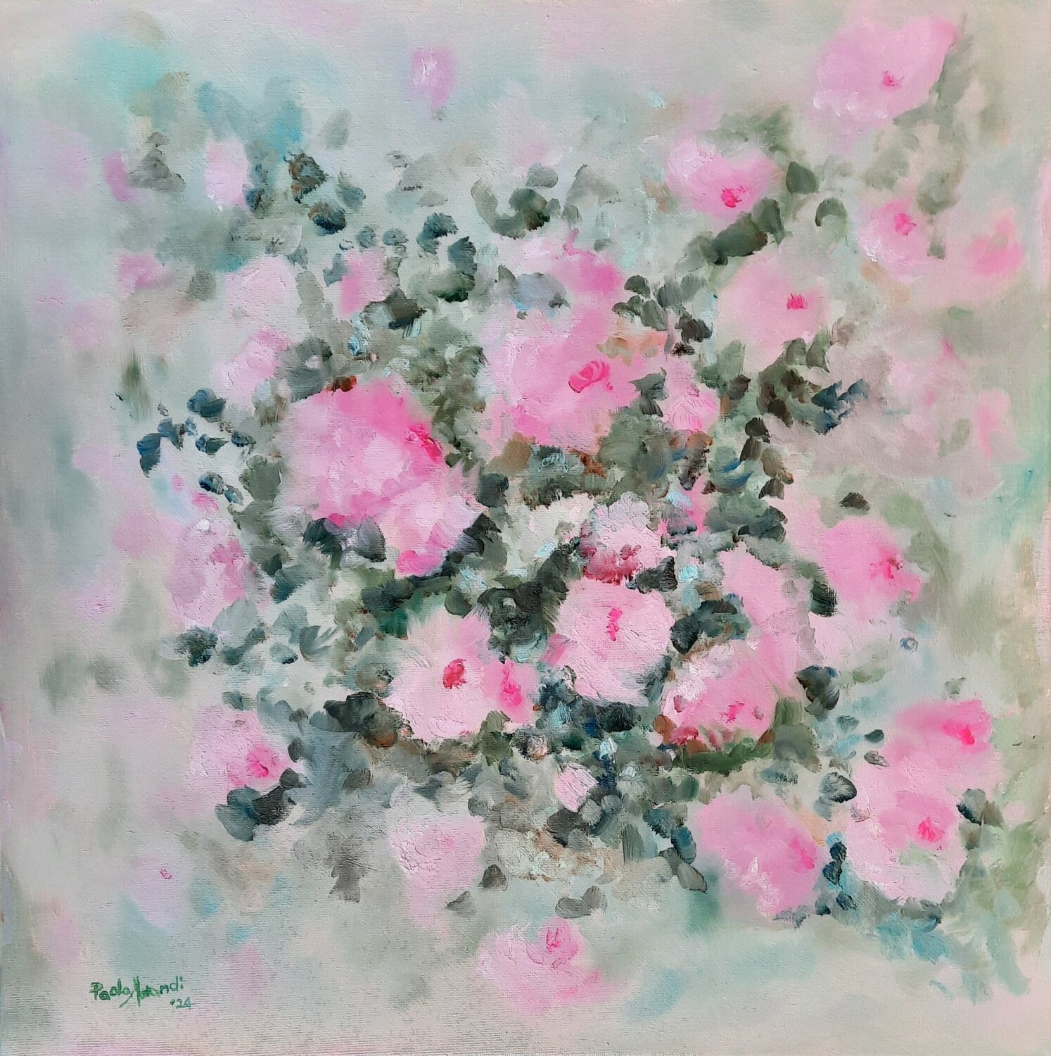 Fiori rosa nel verde Paola Morandi Original painting for sale