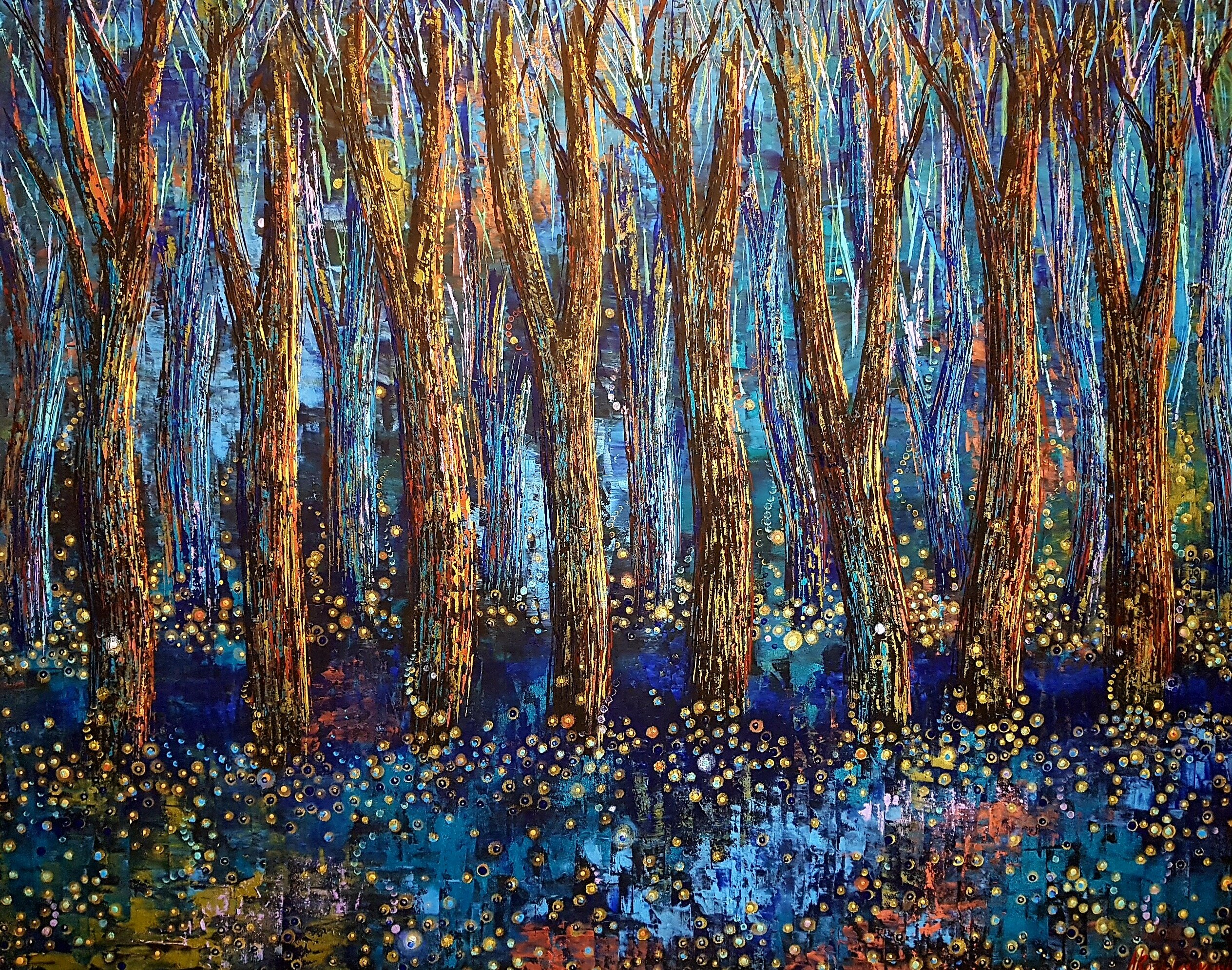 Night Forest Painting Original Artwork Gold Firefly Forest Full Moon Starry Night Large Wall Art